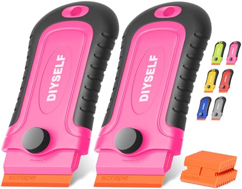 DIYSELF 2 Pcs Plastic Razor Blade Scraper with 10 Pcs Blades, Plastic Scraper Tool for Adhesive Remover, Scrapers for Cleaning Stickers, Decals, Glass, Windows, Car, No Scratches (Pink) - color: Pink-plastic Blades, size: 2 Pack