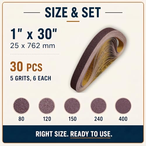 1x30 Sanding Belts, 30 Pack, 6 Each of 80, 120, 150, 240 & 400 Grits - size: 1 x 30 in, 30-Pack