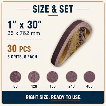 1x30 Sanding Belts, 30 Pack, 6 Each of 80, 120, 150, 240 & 400 Grits - size: 1 x 30 in, 30-Pack