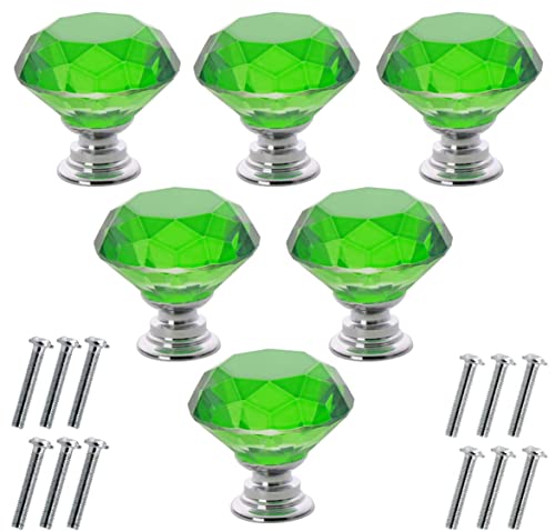 Akstore 6 Pcs Crystal Glass Cabinet Knobs 30mm Diamond Shape Drawer Kitchen Cabinets Dresser Cupboard Wardrobe Pulls Handles (Green, 30mm) - color: Green, size: 30 mm