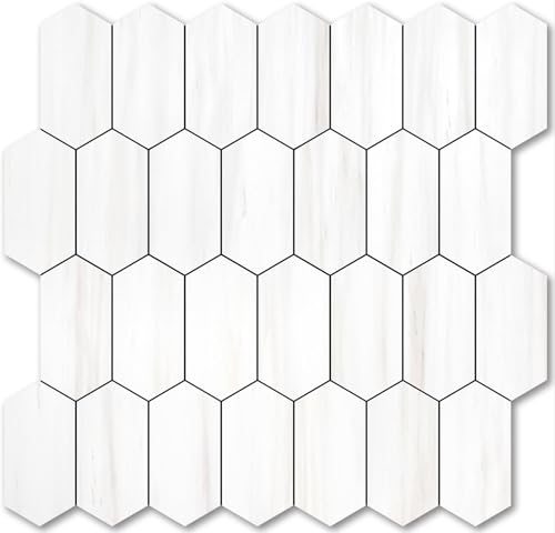 Vamos Tile Long Hexagon Peel and Stick Backsplash Tile - 10 Sheets Stick on Backsplash for Kitchen and Bathroom 12.4 x 12 Inch Dolomite Marble Look PVC Self Adhesive Mosaic Wall Tiles - color: Dolomite Marble Look