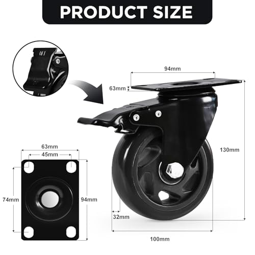 Caster Wheels,4 Inch Heavy Duty Casters with Brake,Set of 2, Black - color: Black, size: 4"