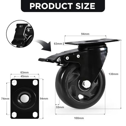 Caster Wheels,4 Inch Heavy Duty Casters with Brake,Set of 2, Black - color: Black, size: 4"