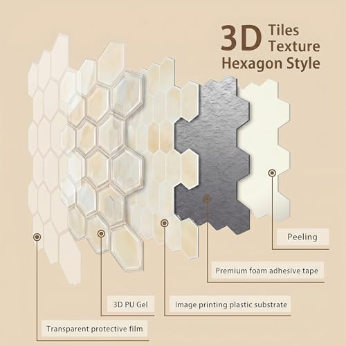 Arttown Peel and Stick 3D Wall Backsplash, 10-Sheet, 12" × 12" Hexagon - color: Beige Hexagon, size: 10PC 12"x12"