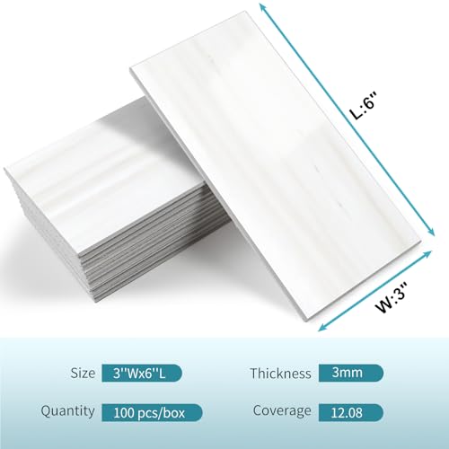 Vamos Tile 100-Piece Glossy Dolomite White Peel and Stick Backsplash Tile,3''x6'' PVC Subway Tile with White Grout, Stick on Backsplash for Kitchen/Bathroom/Fireplace - color: Dolomite White