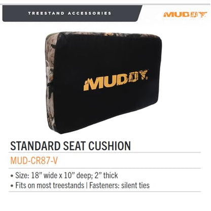 MUDDY Standard Seat Cushion - 18" x 10" Durable Lightweight Portable All-Day Comfort Hunting Outdoor Cushioned Tree Stand Seat with Silent Ties, Fits Most Treestands