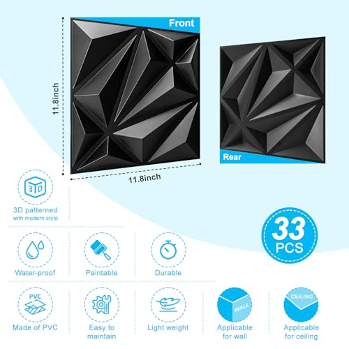 Art3d 33-Pack Accent 3D Textured Wall Panels, 11.8 x 11.8 in, Black - color: Black