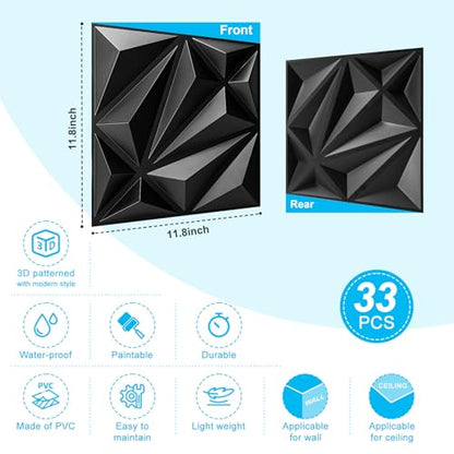 Art3d 33-Pack Accent 3D Textured Wall Panels, 11.8 x 11.8 in, Black - color: Black