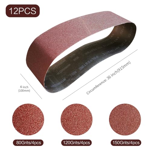 4x36 4 x 36 inch Sanding Belt Pack 4-Inch x 36-Inch,12 Pcs(4 Each of 80 120 150 Grits) Aluminum Oxide for Sander - size: 4x36in