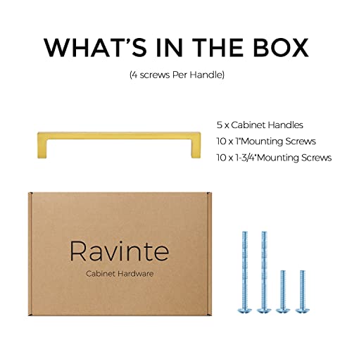 Ravinte Brushed Brass Solid Pulls Cabinet Handles 6-1/4 Inch 5 Pack - size: 6-1/4 Inch Hole Center