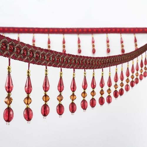 4 Yards Beaded Fringe Trim, Hanging Crystal Beads Tassel Fringe Trim Curtain Weights Cloth Sofa Fringes for Curtain Cushions Lampshades Clothes (Wine Red) - color: Wine Red