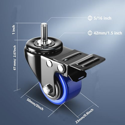2" Caster Wheels Set of 4 Heavy Duty 5/16 Threaded Stem Casters - color: Blue, size: 2in(5/16"-18)