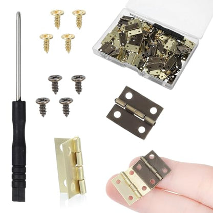 60 Sets Small Hinges with Screws, Mini Hinges 270° Folding Iron Hinge 0.6 in Gold Bronze Mini Hinge for DIY Boxes Wood Jewelry Box Hardware Gate Drawer Miniature Butt Tiny