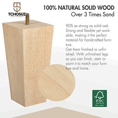 6 inch / 15cm Wooden Furniture Legs, Pack of 4 Mid Century Modern Solid Wood Unfinished Pyramid Square DIY Replacement Feet with 5/16" Hanger Bolts & T-Nuts for Sofa Couch Bed Recliner Riser - color: Unfinished, size: 6''/15cm