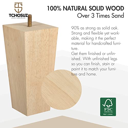 5 Inch / 12cm Wooden Furniture Legs, Set of 4 Solid Wood Mid-Century Modern Pyramid Replacement Feet, Square Sofa Legs with 5/16" Bolts & Anti-Slip Pads for Ottoman Table Dresser Unfinished - color: Unfinished, size: 5"/12cm