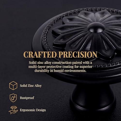 DWYL & LWYD 10 Pack Black Cabinet Knobs,Heavy Duty Zinc Alloy Flower Pattern,1-2/5"Dia Round Matte Black Kitchen Cabinet Knobs Handles for Cabinets and Drawers Drawer Pulls - color: Black