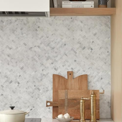 5-Sheet Genuine Marble Peel and Stick Backsplash — 11.7x11 3D Herringbone Real Stone Tiles, Waterproof & Heat-Resistant Self-Adhesive Panels for Kitchen, Fireplace & Vanity Decor (4.5 Sq. Ft.)