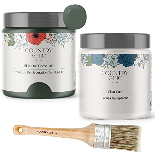 Chalk Style Paint + Clear Coat + Paint Brush Bundle - for Furniture, Home Decor, Crafts (Color: Hollow Hill [pint - 16 oz] - Dark Green)
