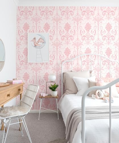 Damask Floral Peel and Stick Wallpaper Boho Pink and White Contact Paper - color: Pink, size: 17.3" x 197"