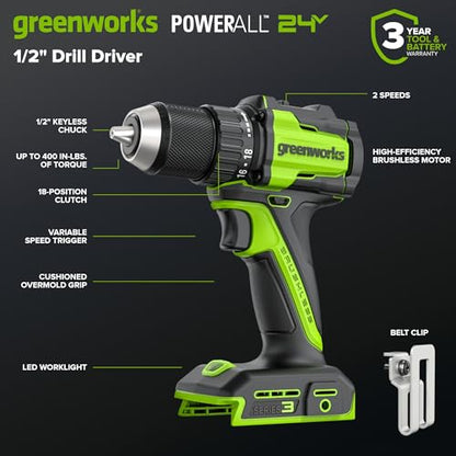 Greenworks 24V Cordless Brushless 400 in-lbs Drill/Driver, Lightweight, LED Work Light,18+1 Clutch, Battery and Charger Sold Separately - size: Tool Only(400 in-lbs Drill Driver)