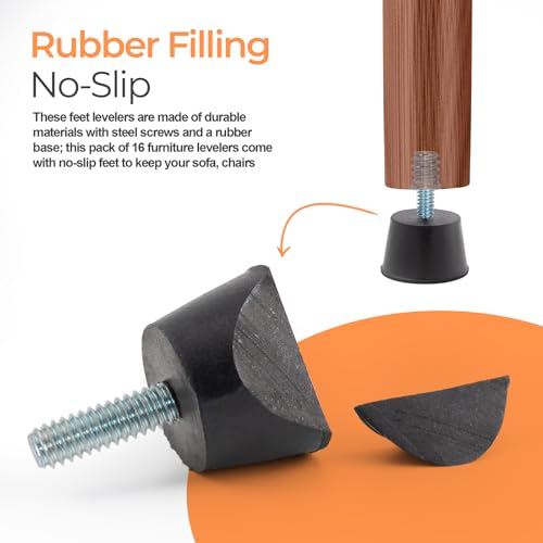 NEWBYTEK Adjustable 1/4" Rubber Threaded Furniture Levelers - 16 Pack | Screw-in Table Chair Feet Glides for Chairs, Tables, Cabinets, Patio Furniture - size: 1/4-20 Thread, 16 Pack