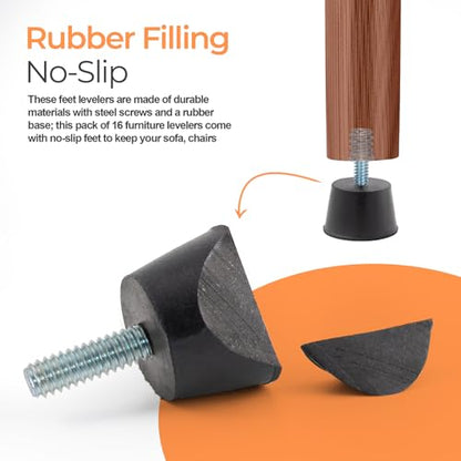 NEWBYTEK Adjustable 1/4" Rubber Threaded Furniture Levelers - 16 Pack | Screw-in Table Chair Feet Glides for Chairs, Tables, Cabinets, Patio Furniture - size: 1/4-20 Thread, 16 Pack