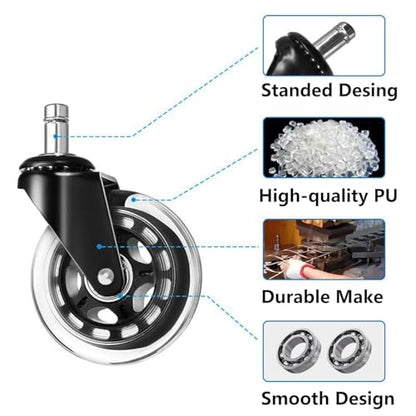Office Chair Wheels - Replacement Rubber Wheels - Universal Fit 3 Inch Casters, Heavy-Duty Chair Casters, Noise Free, Fits 98% Chair - size: Stem Rod ∅11mm