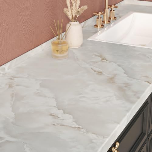 Livelynine 15.8x197 Renter Friendly Beige Marble Countertop Contact Paper Waterproof Peel and Stick Countertops Kitchen Vinyl Counters Desk Wrap Self Adhesive Cream Tan Wallpaper for Table Laminate - color: Tan Marble, size: 15.8" x 197"