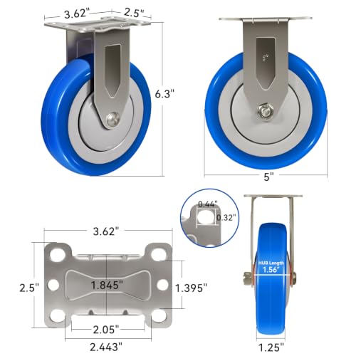 5" Stainless Steel Casters, Swivel Industrial Casters Set of 4 Heavy Duty, Anti-Corrosion Rust-Proof Plate Polyurethane Caster Wheels for Cart (2 Swivel& 2 Rigid) - style: 2 Swivel&2 Rigid