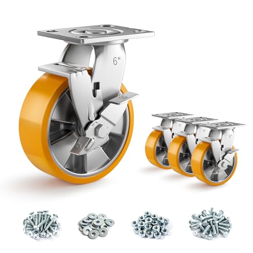 6 Inch Heavy Duty Casters Set of 4, Industrial Locking Casters 6000lbs Load Capacity, Plate Swivel Castor Wheels for Heavy Duty Carts, Workbench, Equipment, Platform Truck (Orange) - style: 6″ With brake
