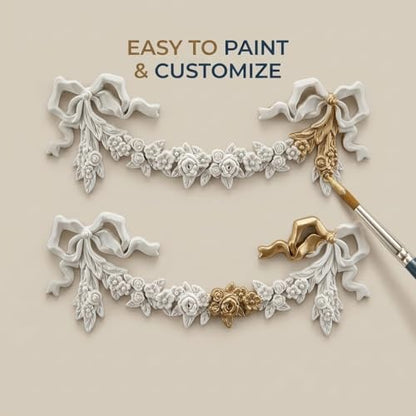 2 PCS Roses & Bow Carved Appliques Onlays,White PVC Appliques for Furniture