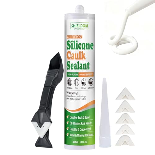 SHIELDOM Silicone Caulk White Silicone Sealant 100% Waterproof All Purpose Caulk & Seal with Caulking Tool Stronger Adhesion Shrink & Crack Proof for Kitchen, Window, Bath, Marine, Door 14oz/400ml - color: White