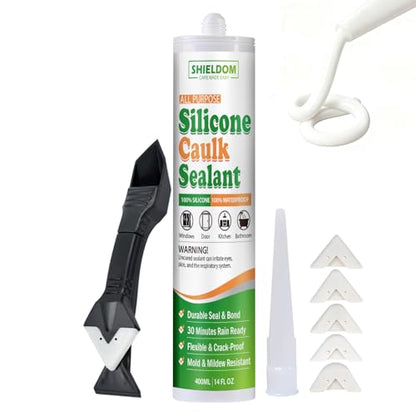 SHIELDOM Silicone Caulk White Silicone Sealant 100% Waterproof All Purpose Caulk & Seal with Caulking Tool Stronger Adhesion Shrink & Crack Proof for Kitchen, Window, Bath, Marine, Door 14oz/400ml - color: White