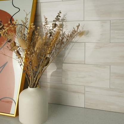 Vamos Tile 100-Piece Glossy Wooden Marble Grain Peel and Stick Backsplash Tile,3''x6'' PVC Subway Tile with White Grout, Stick on Backsplash for Kitchen/Bathroom/Fireplace - color: Wooden Marble Grain