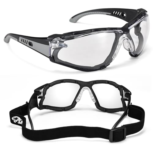 SAFEYEAR Safety Glasses Anti Fog Scratch Resistant ANSI Z87.1 CE Protective Eyewear with Foam Gasket Adjustable Strap - color: Black & Grey