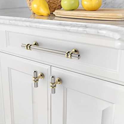 Amerdeco 10 Pack Knurled Brushed Satin Nickel Cabinet Pulls 5 Inch Hole Center Kitchen Cabinet Handles for Drawer Dresser, Cupboard and Wardrobe ZH0025… - color: Nickel+gold, size: 5"/128MM Hole Center, style: 10 Pack