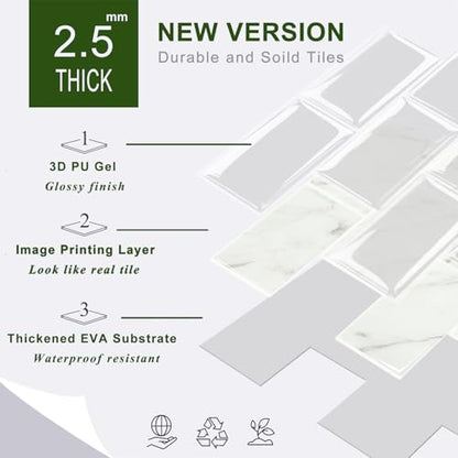 STICKGOO 10-Sheet Subway Tile Peel and Stick Backsplash, Self Adhesive Vinyl Wall Tiles, Stick on Backsplash for Kitchen and Bathroom(Thicker Design) - color: Carrara Marble