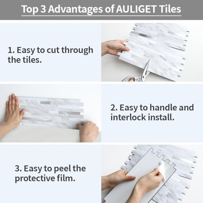 AULIGET Faux White Stone Peel and Stick Backsplash, 2 PVC Mixed Metal Wall Tiles Stick on Backsplash - color: Marble White + Metal Silver, size: 2 Sheets, 6"x12"x0.12"