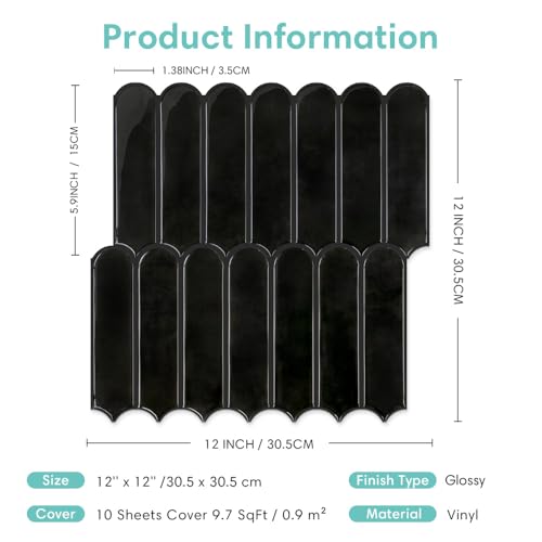 Commomy Thicker 3D Peel and Stick Backsplash,10 Pcs 12" x 12" Black - color: Fish Scale Glossy Black & Thicker Design