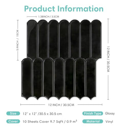 Commomy Thicker 3D Peel and Stick Backsplash,10 Pcs 12" x 12" Black - color: Fish Scale Glossy Black & Thicker Design
