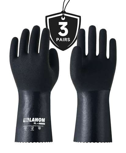 LANON 3 Pairs Nitrile Chemical Resistant Gloves,Cotton Liner,Black,Large - size: Large (Pack of 3)