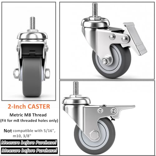 RILIDRI M8 Casters, 2 Inch Threaded m8-1.25 Caster Wheels with Locking Brakes, Set of 4 TPR Swivel Wheel for Standing Desk, 1KEA Carts, Rolling Cabinet - size: M8x15
