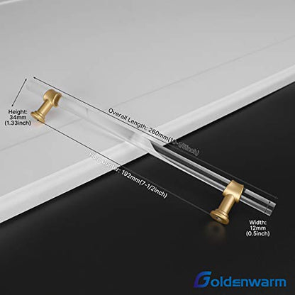 Goldenwarm Kitchen Cabinet Handles, Gold Drawer Pulls 5 Pack 7-1/2 Inch, Acrylic Cabinet Pulls for Dresser Cupboard Wardrobe, Zinc Alloy Base, Smooth Edge and Screws Included - color: Matte Gold, size: 7.5"/192MM Hole Center