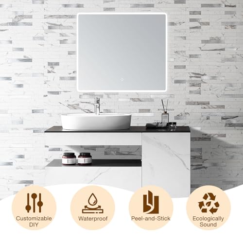 Peel and Stick Backsplash Tile Waterproof Removable PVC Wall Sticker 3D Faux Stone Marble Brick White Accent Panels (Rough White Marble - Metal Silver, 40 Tiles - 18 sq. ft. (1.68 m²)) - color: Rough White Marble - Metal Silver, size: 40 Tiles - 18 sq. ft