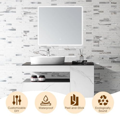Peel and Stick Backsplash Tile Waterproof Removable PVC Wall Sticker 3D Faux Stone Marble Brick White Accent Panels (Rough White Marble - Metal Silver, 40 Tiles - 18 sq. ft. (1.68 m²)) - color: Rough White Marble - Metal Silver, size: 40 Tiles - 18 sq. ft