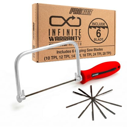 PROMAKER 6-1/2 Inch Coping Saw with 6 Pcs End Blades (10–28 TPI), Hand Coping Saw for Woodworking, Curved Cuts, Trim, Molding & Detail Work