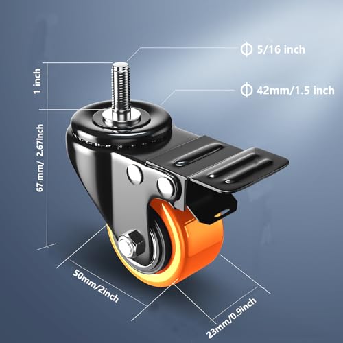 2" Stem Caster Set of 4 Heavy Duty Swivel Threaded Mount Casters Wheels - color: Orange, size: 2in(5/16"-18)