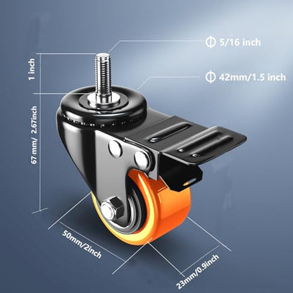 2" Stem Caster Set of 4 Heavy Duty Swivel Threaded Mount Casters Wheels - color: Orange, size: 2in(5/16"-18)