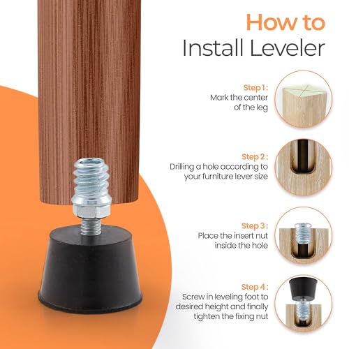 NEWBYTEK Adjustable 1/4" Rubber Threaded Furniture Levelers - 8 Pack - size: 1/4-20 Thread, 8 Pack
