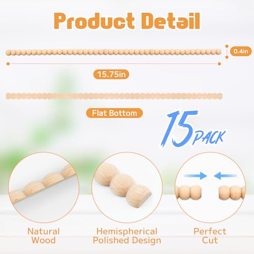 Half Bead Wood Decorative Trim Molding 15pcs- 17 Inch Unfinished 3D Decorative DIY Drawer Front Cabinet Trim for Home, Wall, Shelf, Window, Door Decor (11mm)